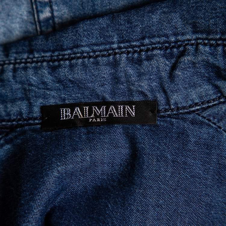 Pre Owned Balmain Blue Faded Effect Denim Pocket Detailed Button Front Sleeveless Shirt S