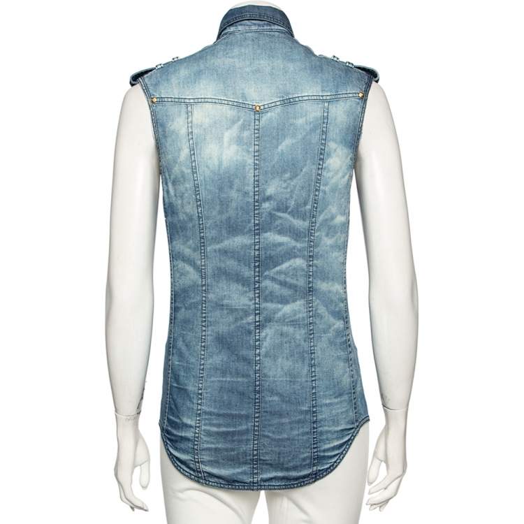 Pre Owned Balmain Blue Faded Effect Denim Pocket Detailed Button Front Sleeveless Shirt S