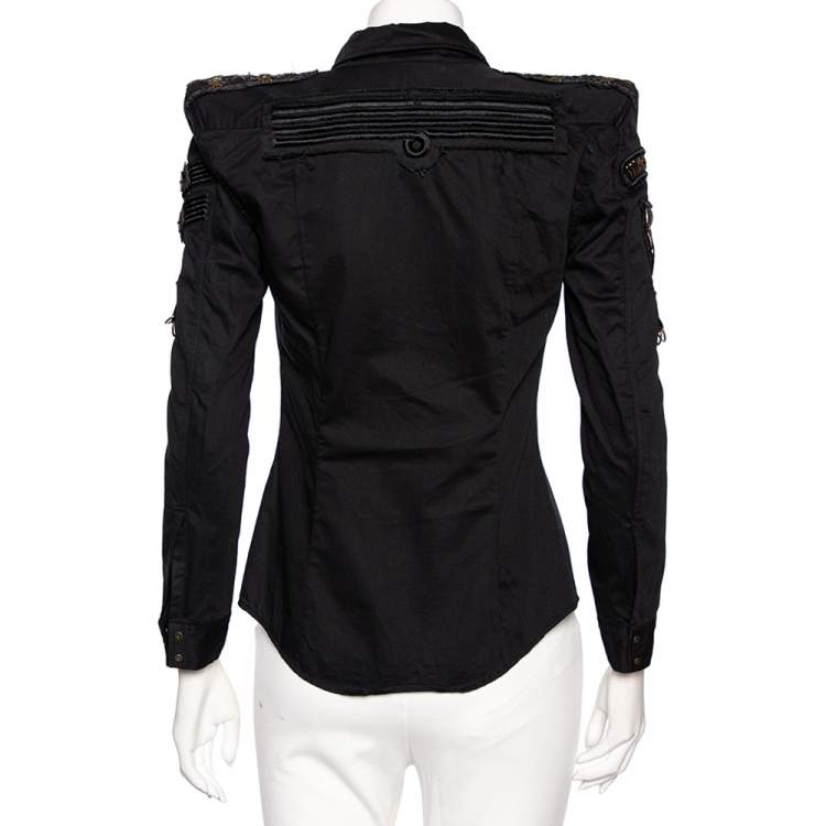 Pre Owned Balmain Black Embroidered & Embellished Cotton Button Front Military Shirt M