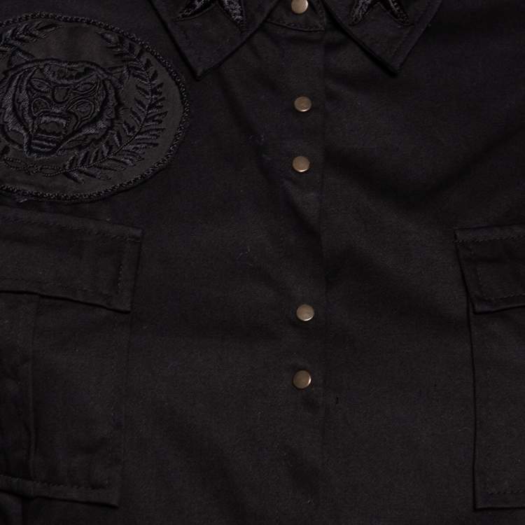 Pre Owned Balmain Black Embroidered & Embellished Cotton Button Front Military Shirt M