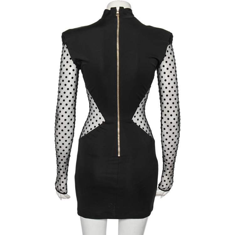 Pre Owned Balmain Black Jersey Polka Dotted Mesh Inset Detail Short Dress M