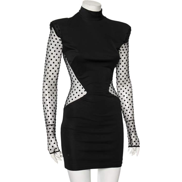 Pre Owned Balmain Black Jersey Polka Dotted Mesh Inset Detail Short Dress M