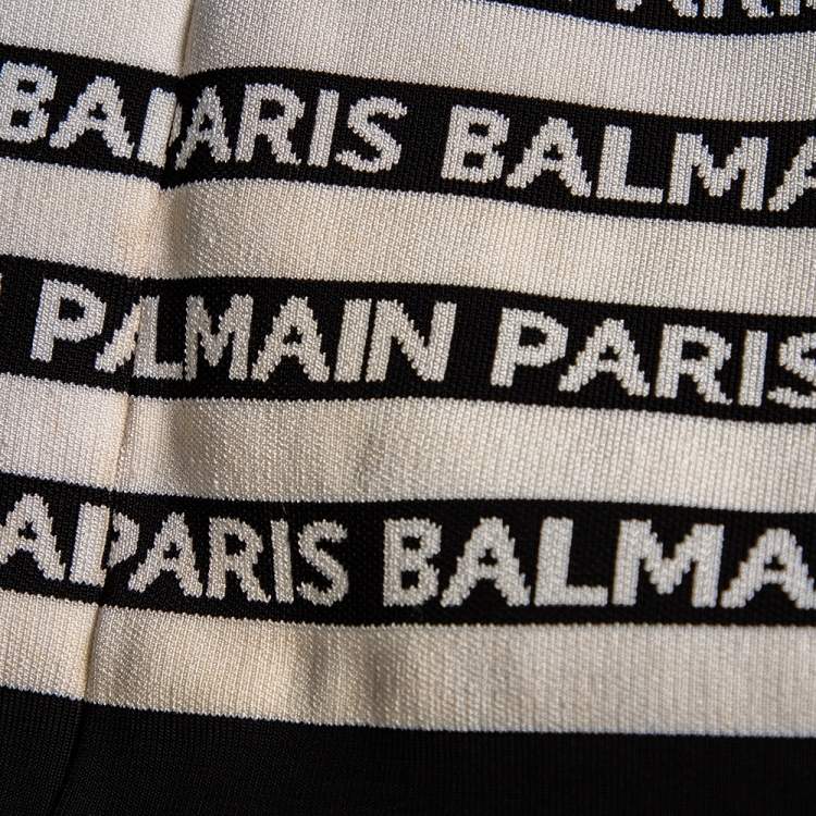 Pre Owned Balmain Monochrome Logo Knit Embossed Button Detail Bodycon Mini Dress M