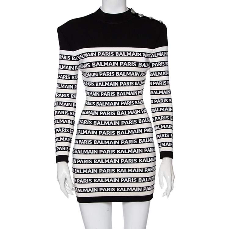 Balmain Monochrome Logo Knit Embossed Button Detail Bodycon Mini Dress M Balmain The Luxury Closet