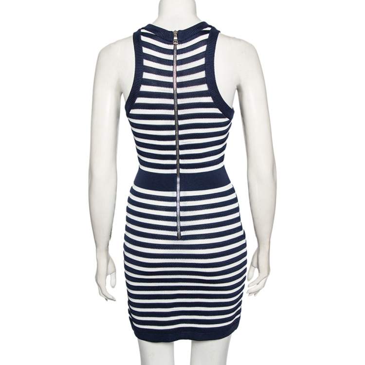 مملوكة مسبقًا Balmain Navy Blue Striped Knit Sleeveless Dress S