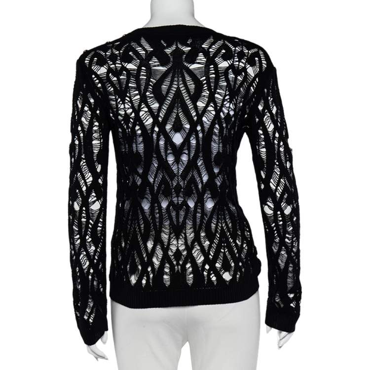 Pre Owned Balmain Black Perforated Knit Sheer Crewneck Top S