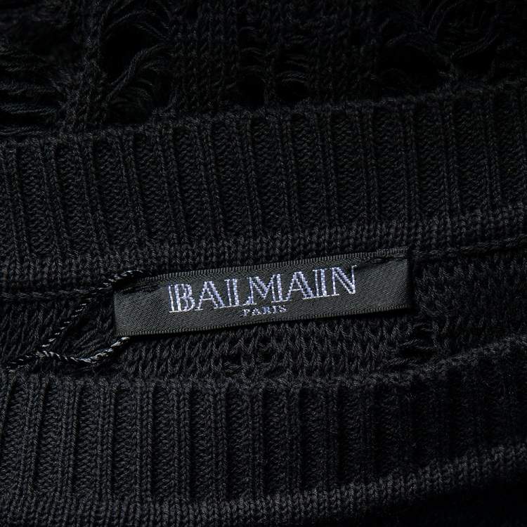 Pre Owned Balmain Black Perforated Knit Sheer Crewneck Top S