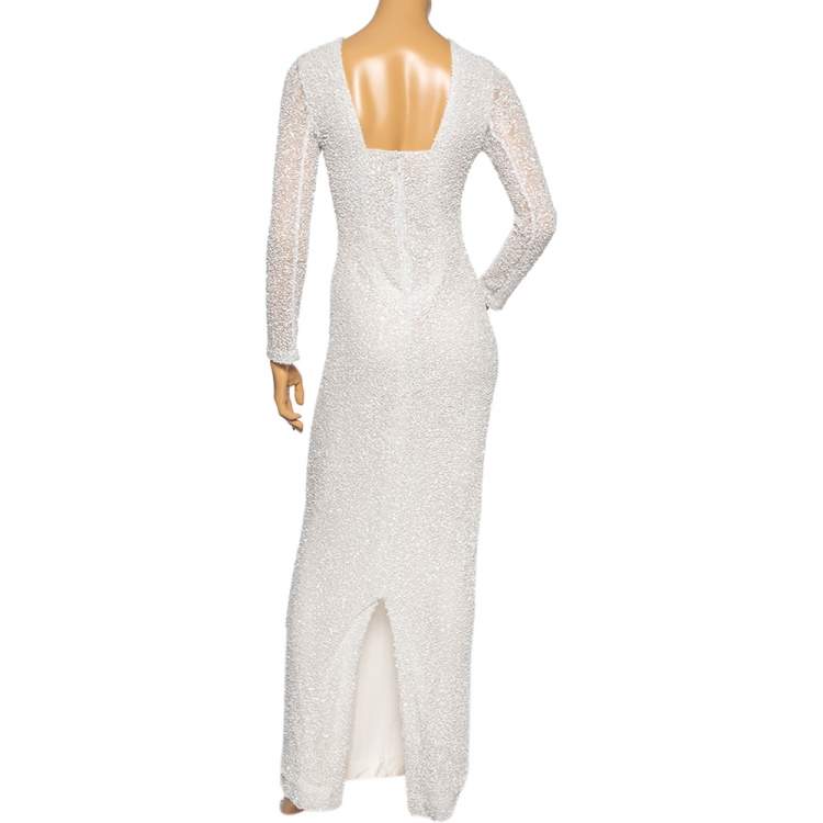 Pre Owned Balmain White Sequin & Pearl Embellished Long Sleeve Dress M