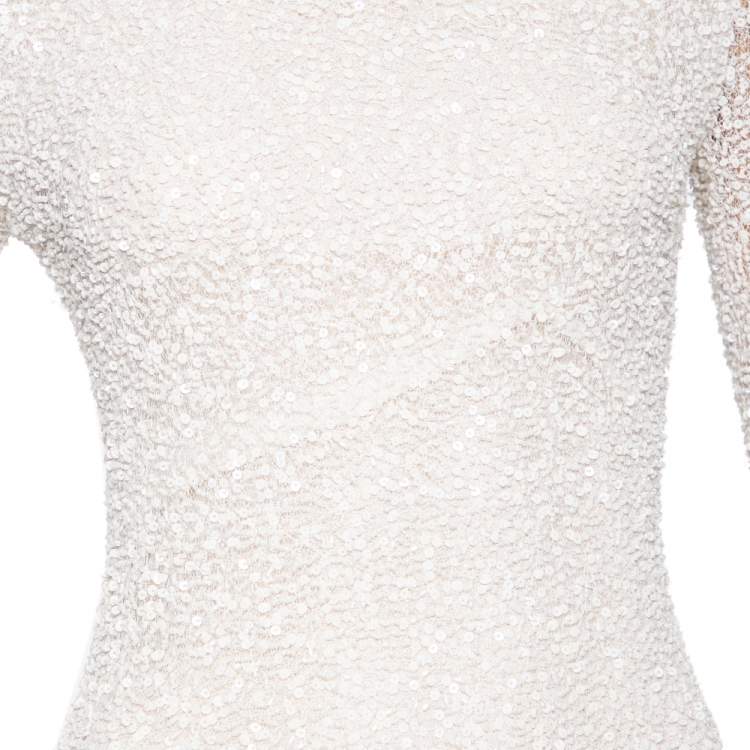 Pre Owned Balmain White Sequin & Pearl Embellished Long Sleeve Dress M