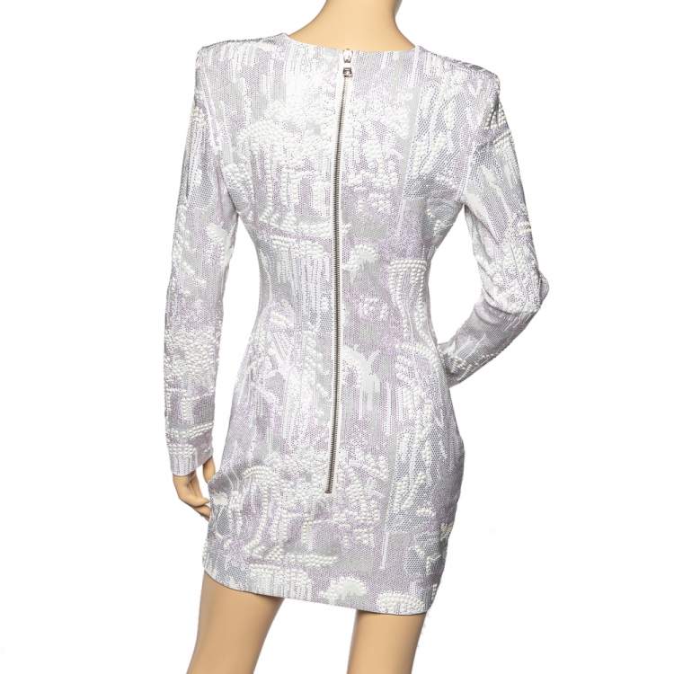 Pre Owned Balmain White Studded Knit Long Sleeve Mini Dress M
