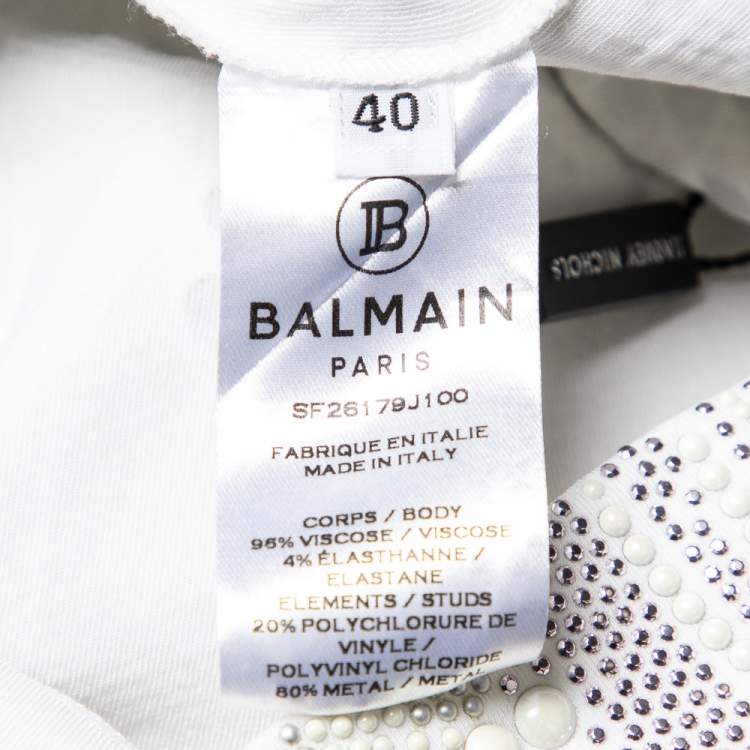 Pre Owned Balmain White Studded Knit Long Sleeve Mini Dress M