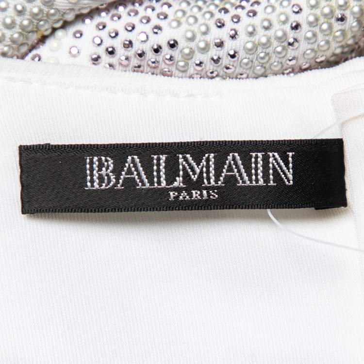 Pre Owned Balmain White Studded Knit Long Sleeve Mini Dress M