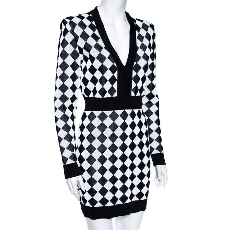 Pre Owned Balmain Monochrome Geometric Patterned Knit V-Neck Short Dress M