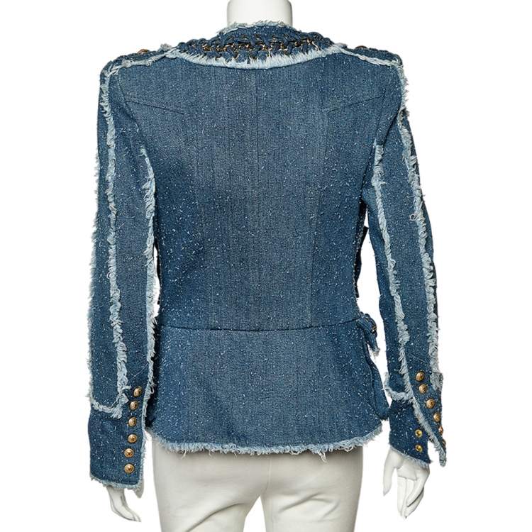 Pre Owned Balmain Blue Boucle Denim Chain Lace Up Detail Open Front Jacket M