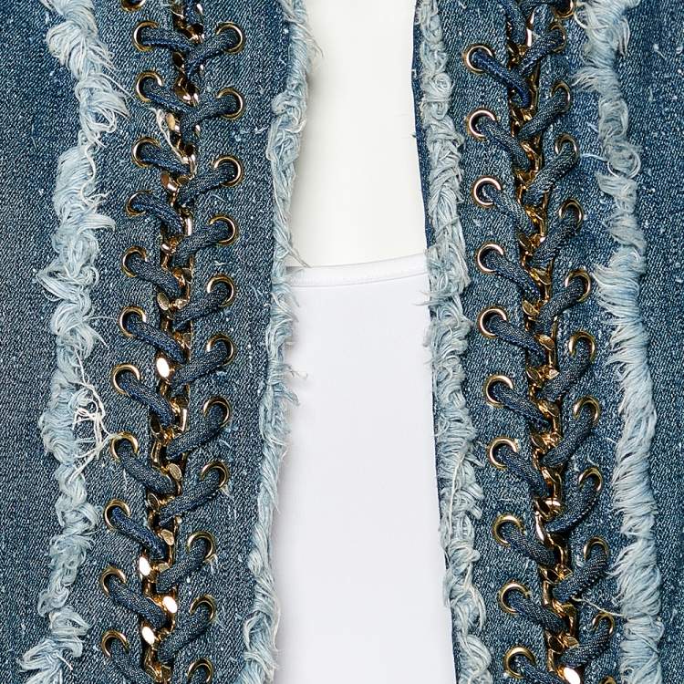 Pre Owned Balmain Blue Boucle Denim Chain Lace Up Detail Open Front Jacket M