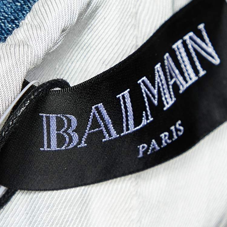 Pre Owned Balmain Blue Boucle Denim Chain Lace Up Detail Open Front Jacket M