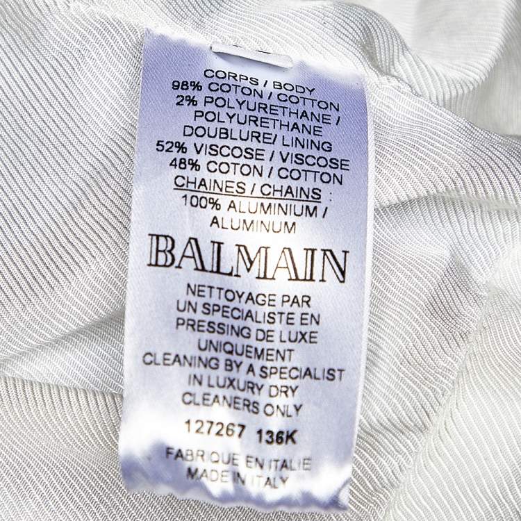 Pre Owned Balmain Blue Boucle Denim Chain Lace Up Detail Open Front Jacket M
