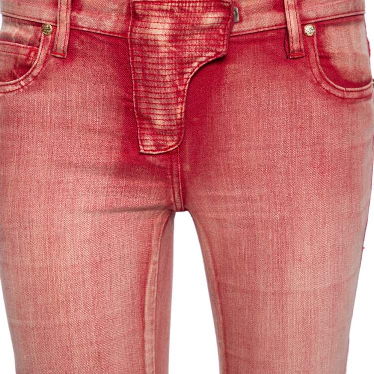 مملوكة مسبقًا Balmain Red Washed Out Denim Skinny Biker Jeans S