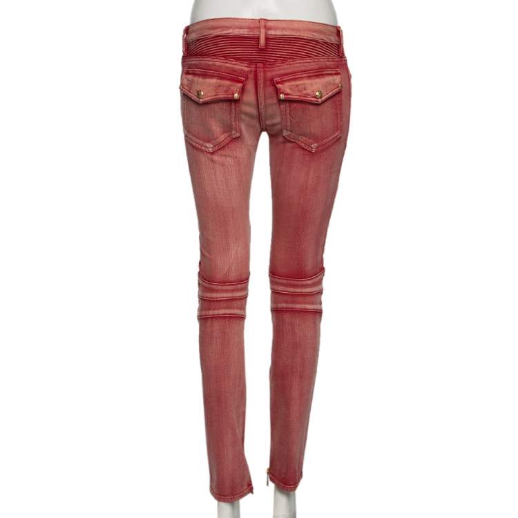 مملوكة مسبقًا Balmain Red Washed Out Denim Skinny Biker Jeans S