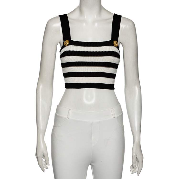 Pre Owned Balmain Monochrome Striped Knit Crop Top M
