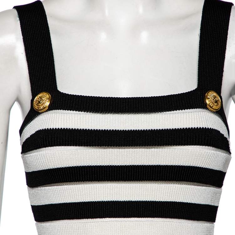 Pre Owned Balmain Monochrome Striped Knit Crop Top M