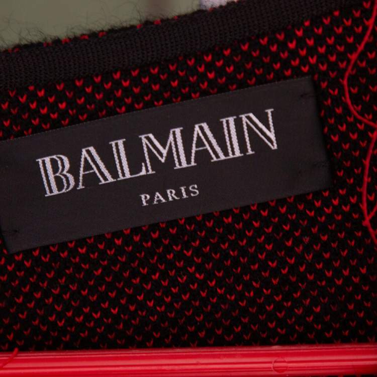 Pre Owned Balmain Red & Black Checkered Tweed Fringed Open Front Blazer S