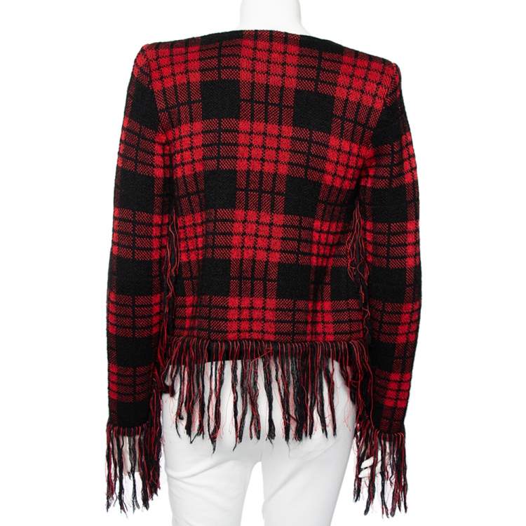Pre Owned Balmain Red & Black Checkered Tweed Fringed Open Front Blazer S