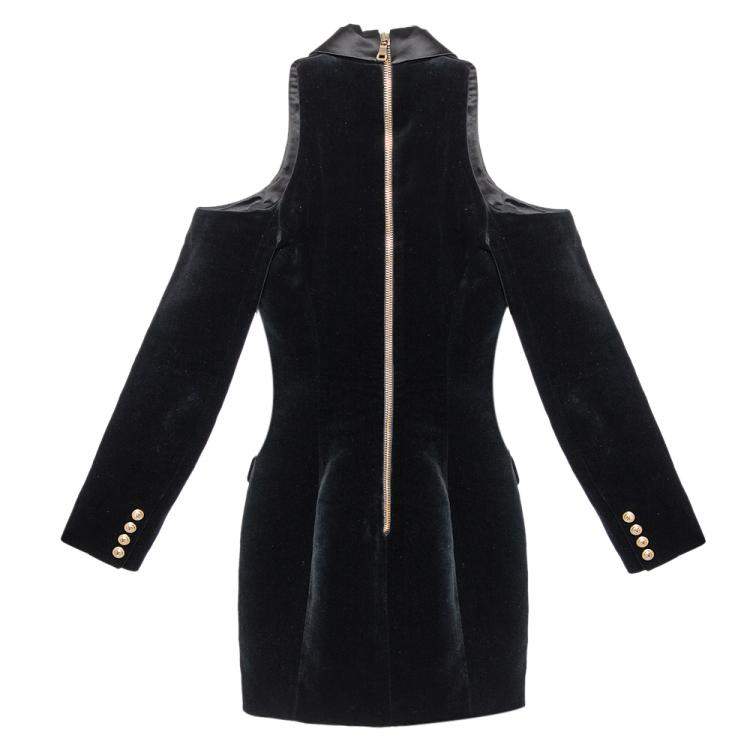 Pre Owned Balmain Black Velvet & Satin Trim Cold Shoulder Blazer Style Dress S
