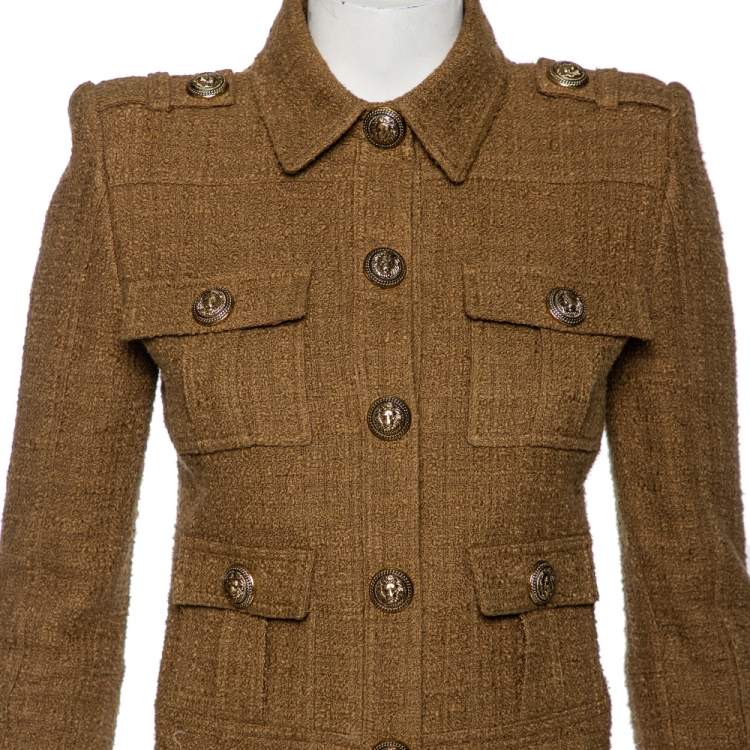 مملوكة مسبقًا Balmain Olive Green Tweed Collared Button Front Cropped Jacket S