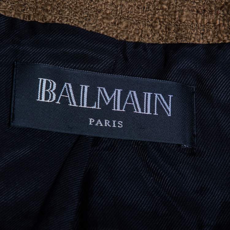 مملوكة مسبقًا Balmain Olive Green Tweed Collared Button Front Cropped Jacket S