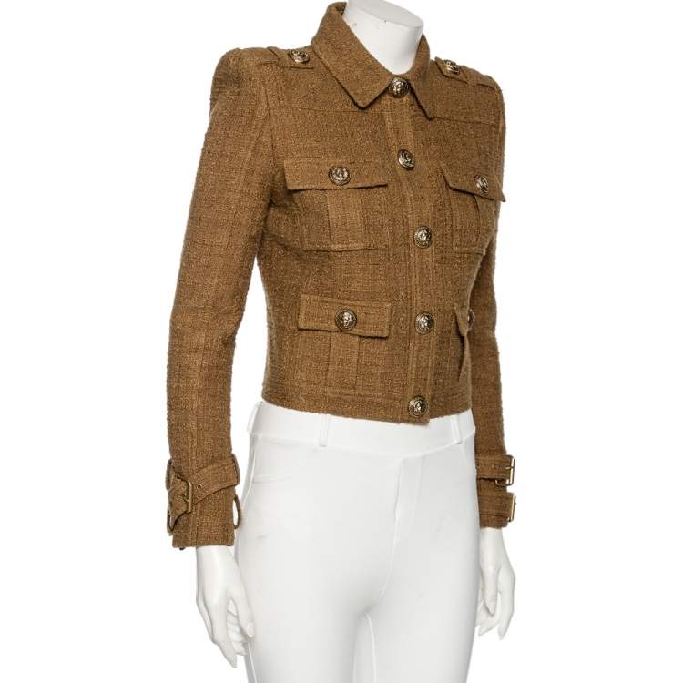 مملوكة مسبقًا Balmain Olive Green Tweed Collared Button Front Cropped Jacket S