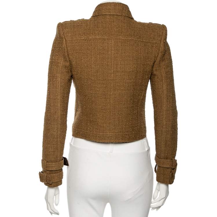 مملوكة مسبقًا Balmain Olive Green Tweed Collared Button Front Cropped Jacket S