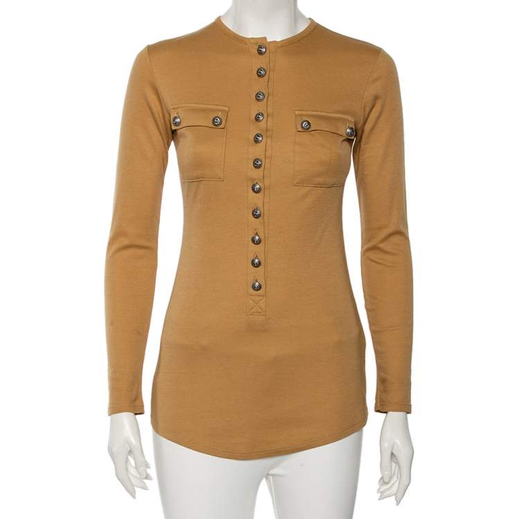 مملوكة مسبقًا Balmain Tan Cotton & Cashmere Long Sleeve T-Shirt S