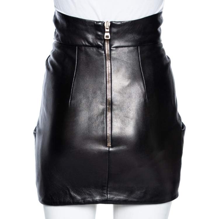 Pre Owned Balmain Black Leather Bow Detail Mini Skirt S