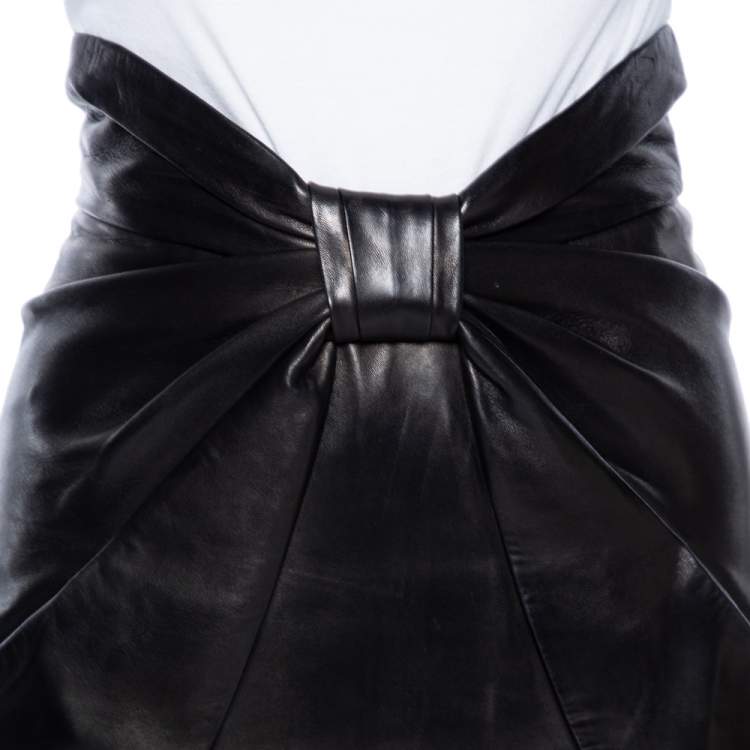 Pre Owned Balmain Black Leather Bow Detail Mini Skirt S