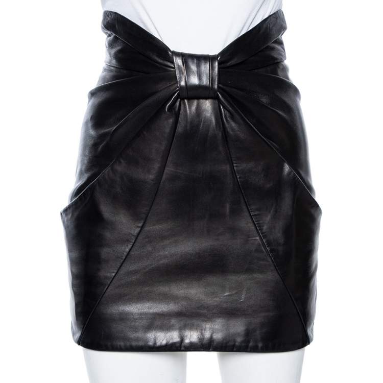 Pre Owned Balmain Black Leather Bow Detail Mini Skirt S