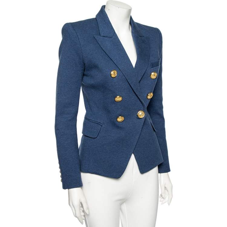 Pre Owned Balmain Blue Cotton Double Breasted Blazer S