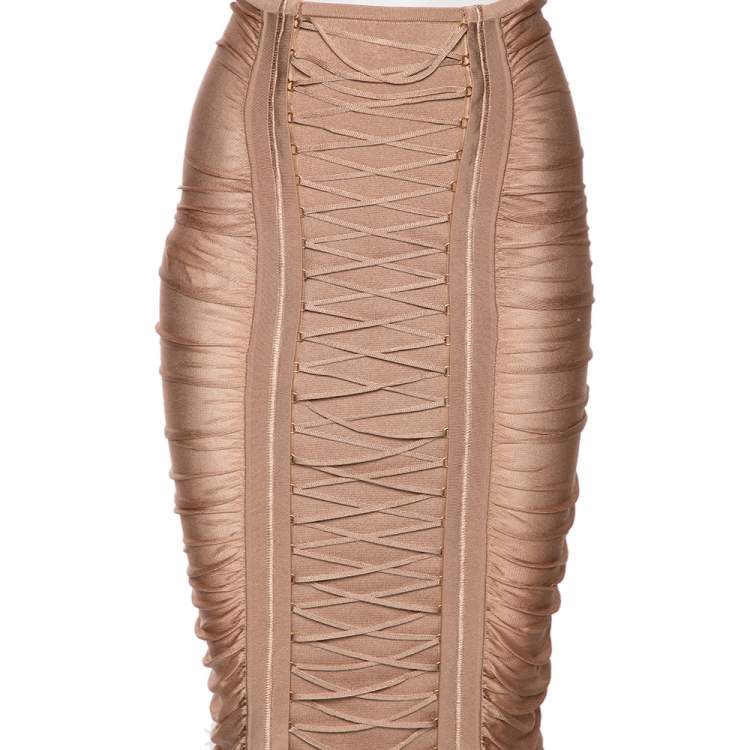Pre Owned Balmain Beige Stretch Knit Lace-up Detail Ruched Pencil Skirt S
