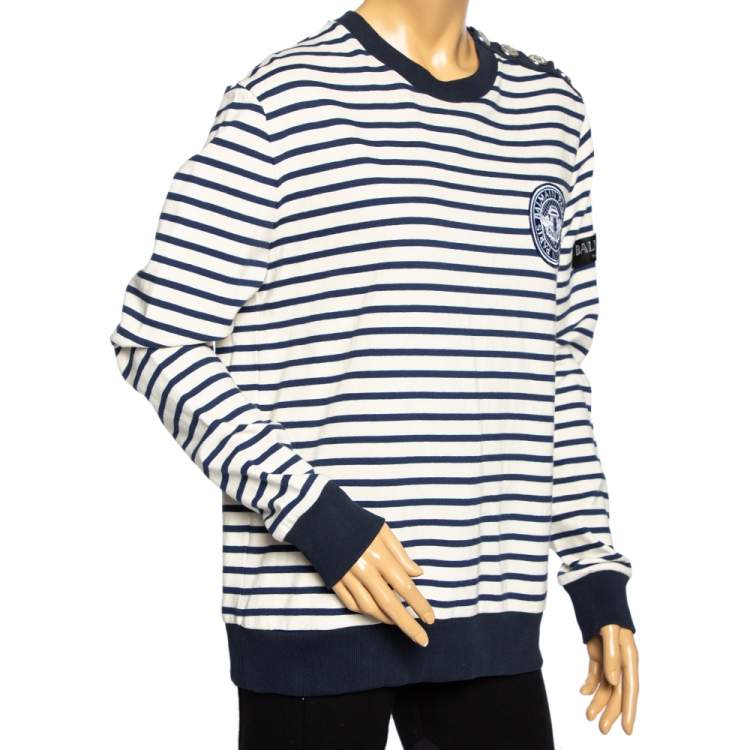 Pre Owned Balmain White & Blue Striped Logo Patch Detailed Long Sleeve Sweatshirt L