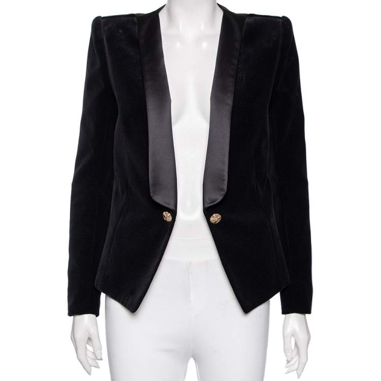 Balmain Black Jacquard Velvet & Satin Lapel Detail Open Front Blazer L ...