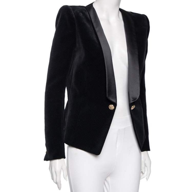 Pre Owned Balmain Black Jacquard Velvet & Satin Lapel Detail Open Front Blazer L