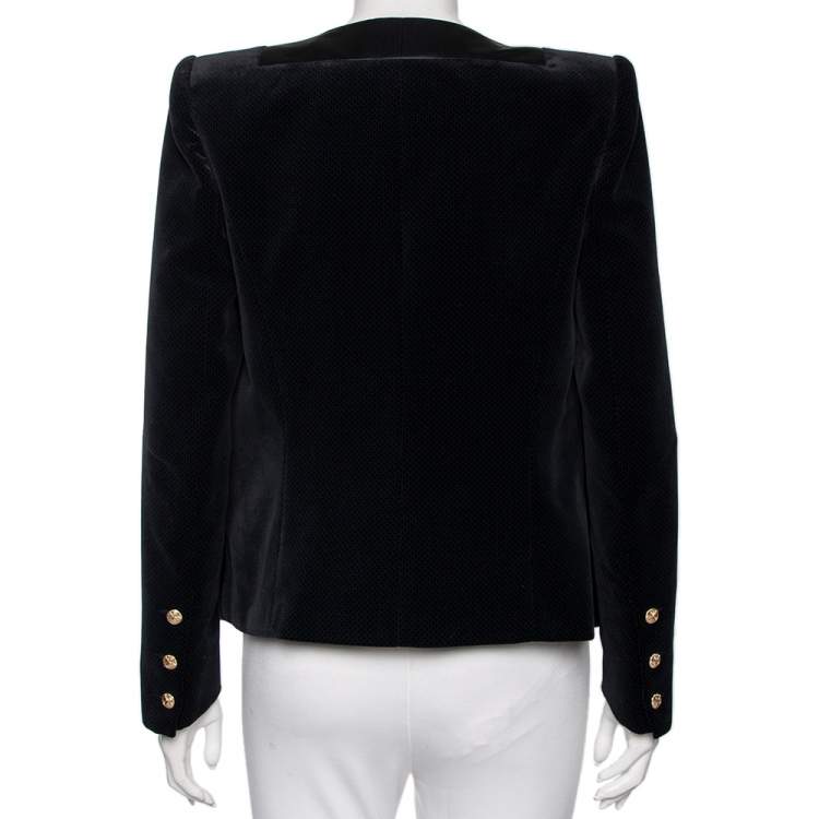 Pre Owned Balmain Black Jacquard Velvet & Satin Lapel Detail Open Front Blazer L