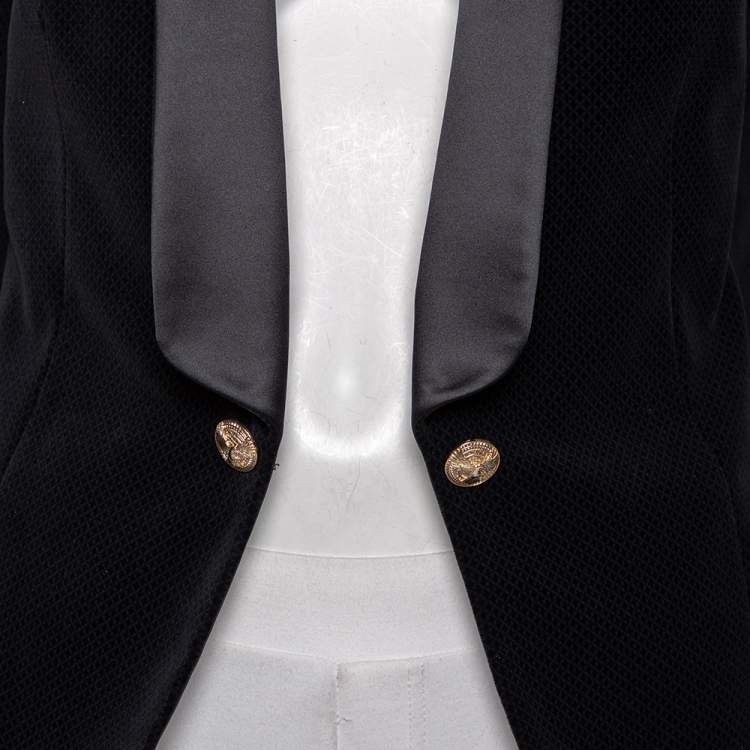 Pre Owned Balmain Black Jacquard Velvet & Satin Lapel Detail Open Front Blazer L