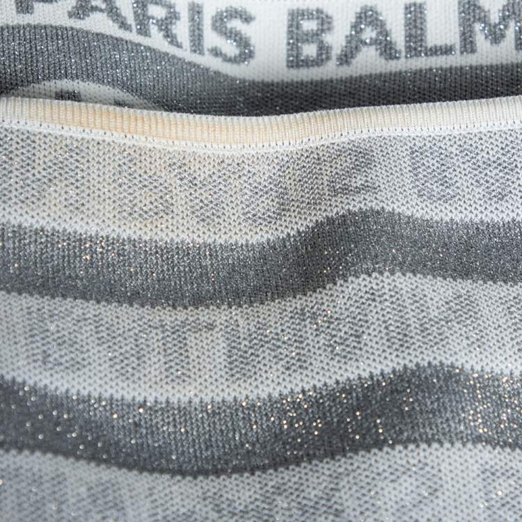 Pre Owned Balmain White & Grey Lurex Logo Knit Cross Neck Crop Top S