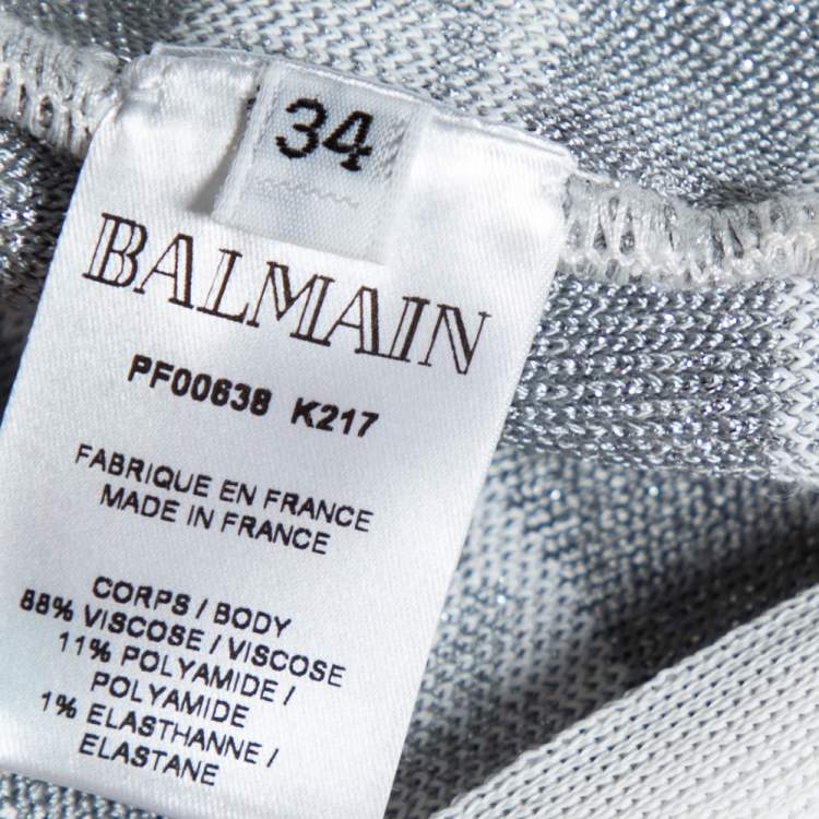 Pre Owned Balmain White & Grey Lurex Logo Knit Cross Neck Crop Top S