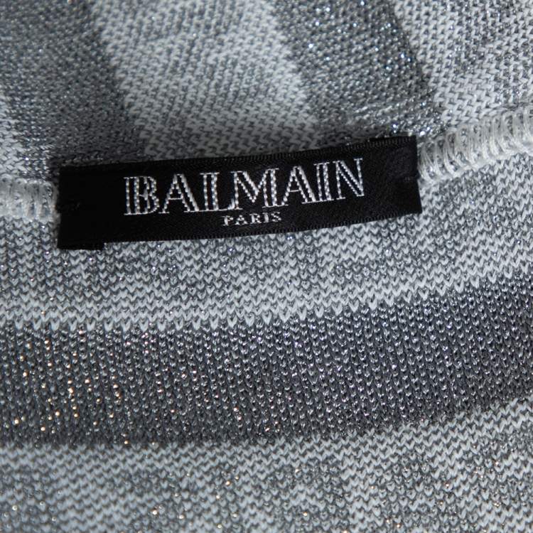Pre Owned Balmain White & Grey Lurex Logo Knit Cross Neck Crop Top S