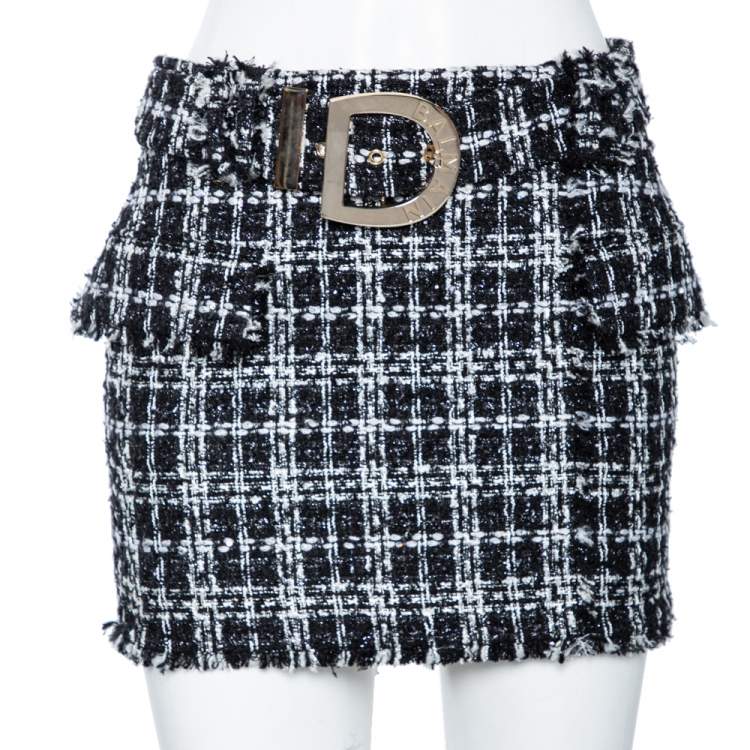 Pre Owned Balmain Monochrome Tweed & Lurex Belted Mini Skirt S
