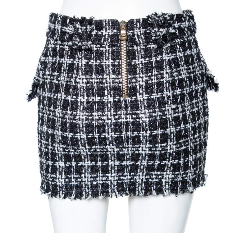 Pre Owned Balmain Monochrome Tweed & Lurex Belted Mini Skirt S