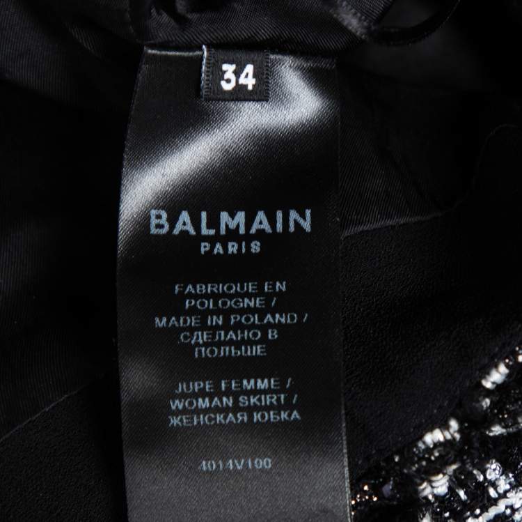 Pre Owned Balmain Monochrome Tweed & Lurex Belted Mini Skirt S