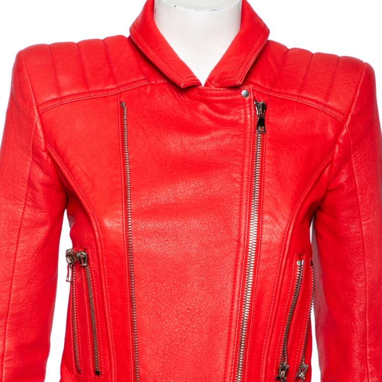 Pre Owned Balmain Red Leather Biker Jacket M